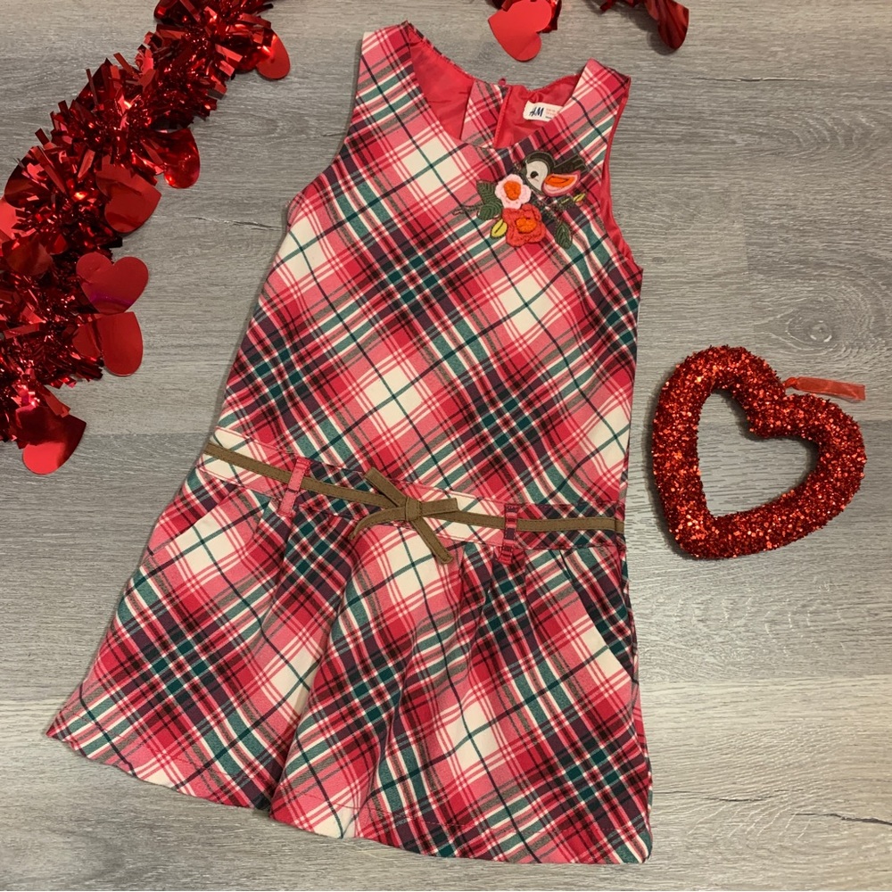 H&M Girls Pink & Green Plaid Jumper Dress - size 5-6Y